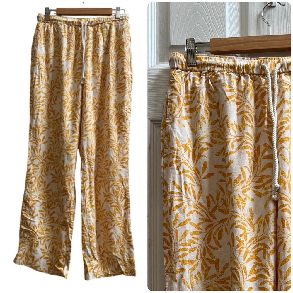 Peace Love World Boheme Leaf Print Elastic Drawstring Waistband Pant Small